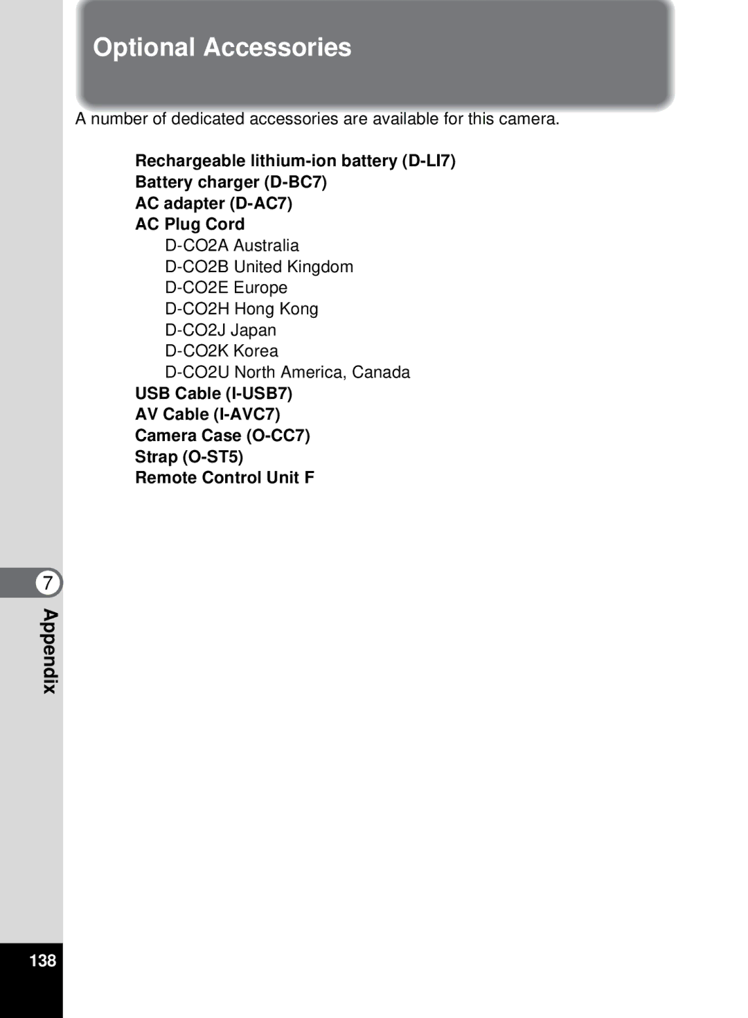 Pentax 555 manual Optional Accessories, 138 