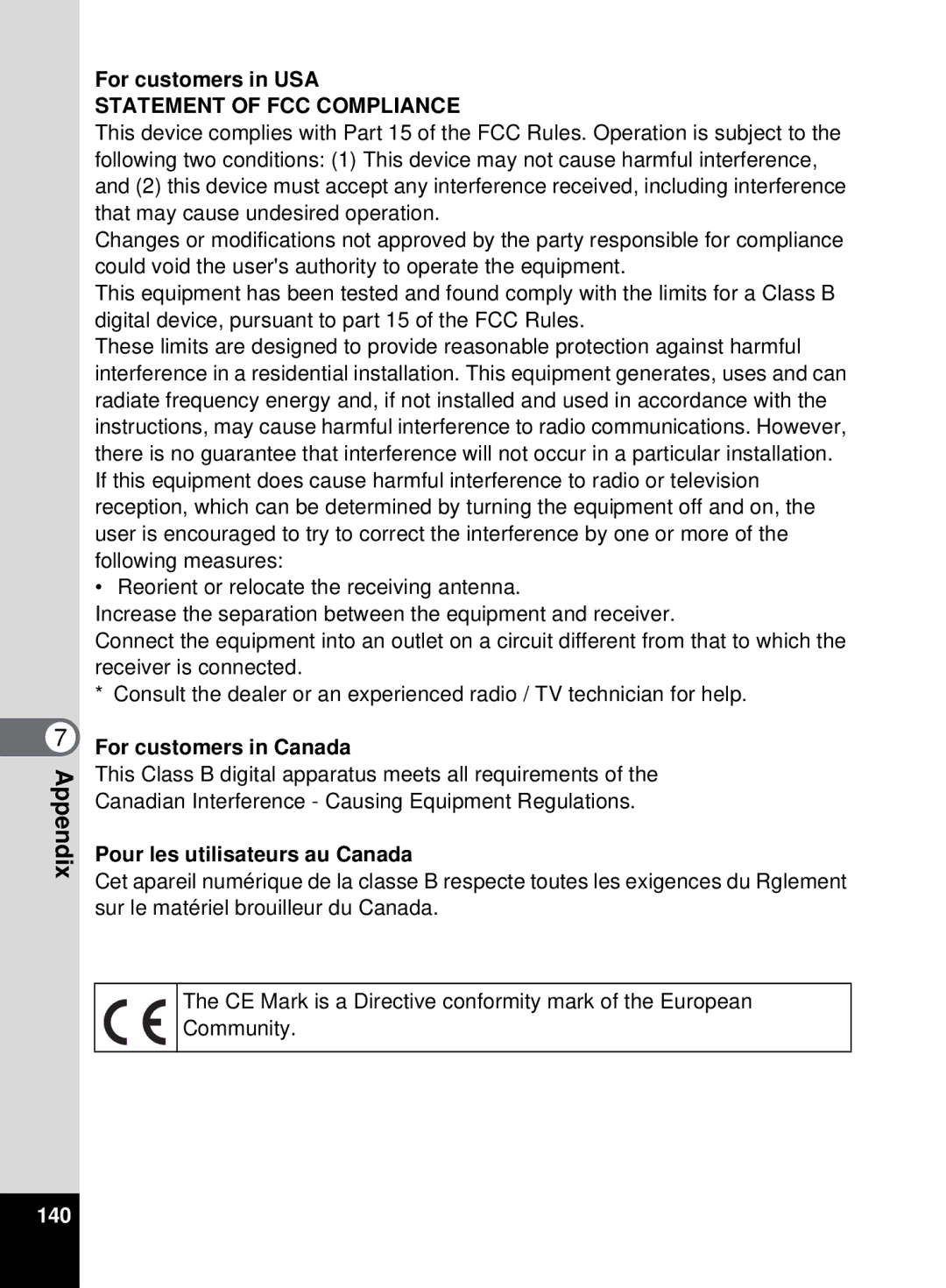 Pentax 555 manual For customers in USA, For customers in Canada, Pour les utilisateurs au Canada, 140 