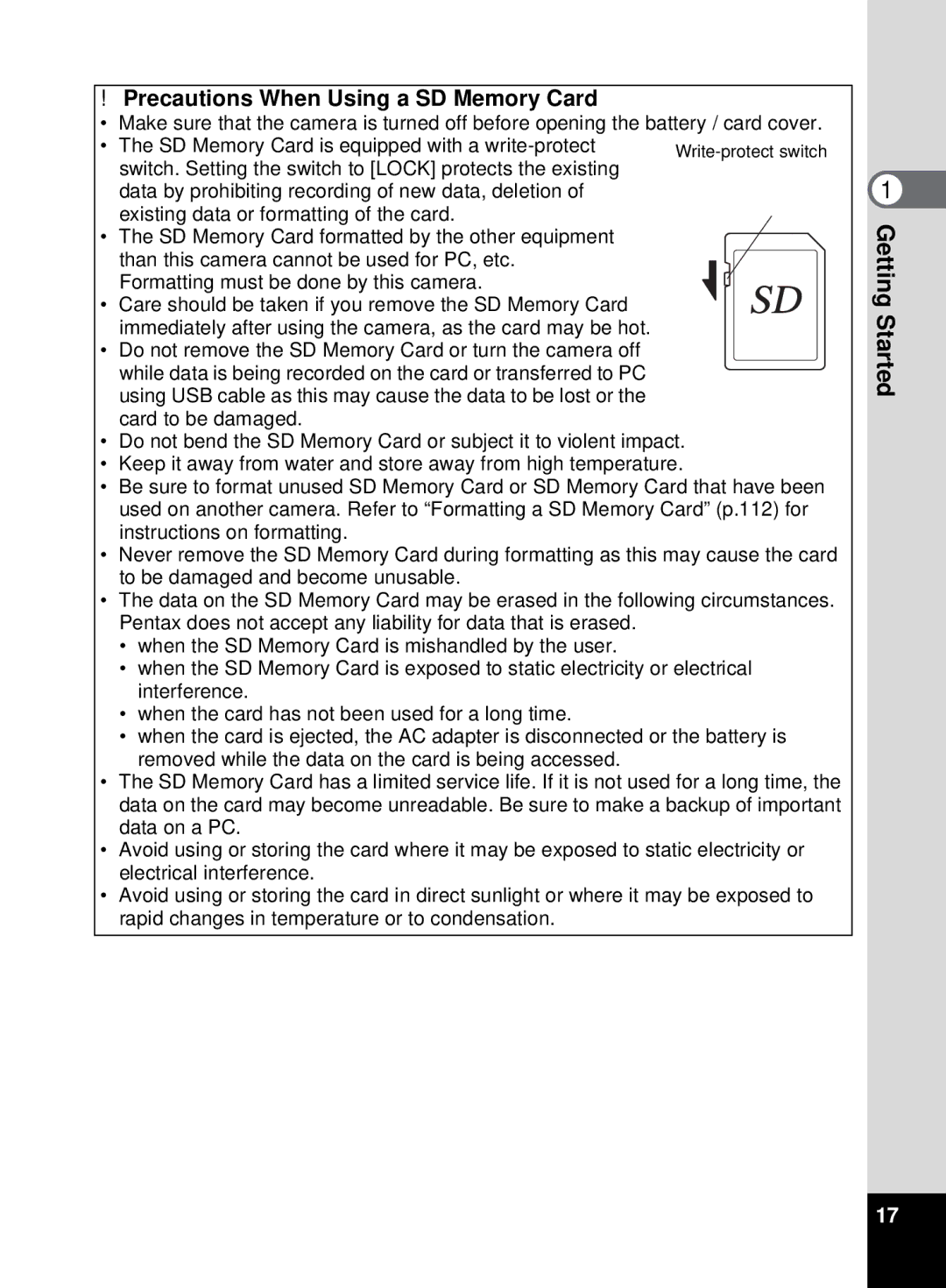 Pentax 555 manual Precautions When Using a SD Memory Card 