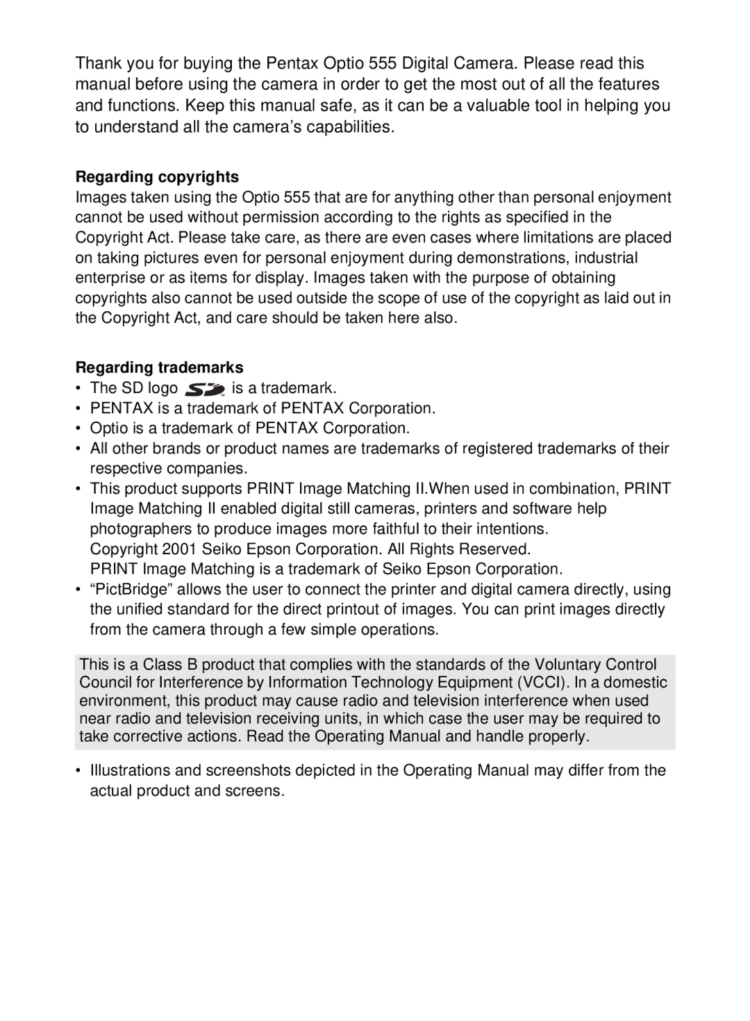 Pentax 555 manual Regarding copyrights 