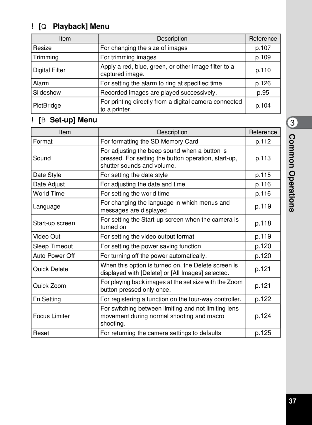 Pentax 555 manual Playback Menu, Set-up Menu 