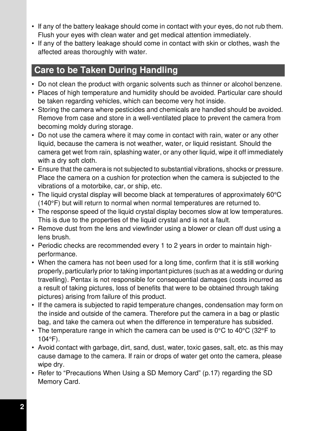 Pentax 555 manual Care to be Taken During Handling 