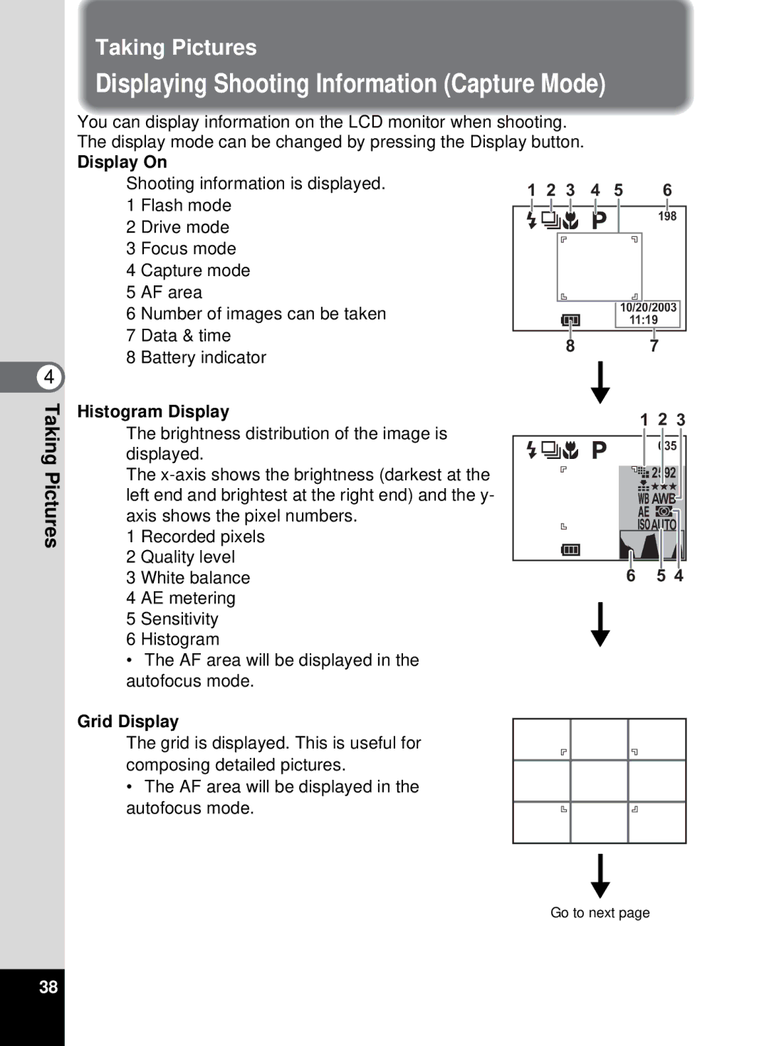 Pentax 555 Displaying Shooting Information Capture Mode, Taking Pictures, Display On, Histogram Display, Grid Display 