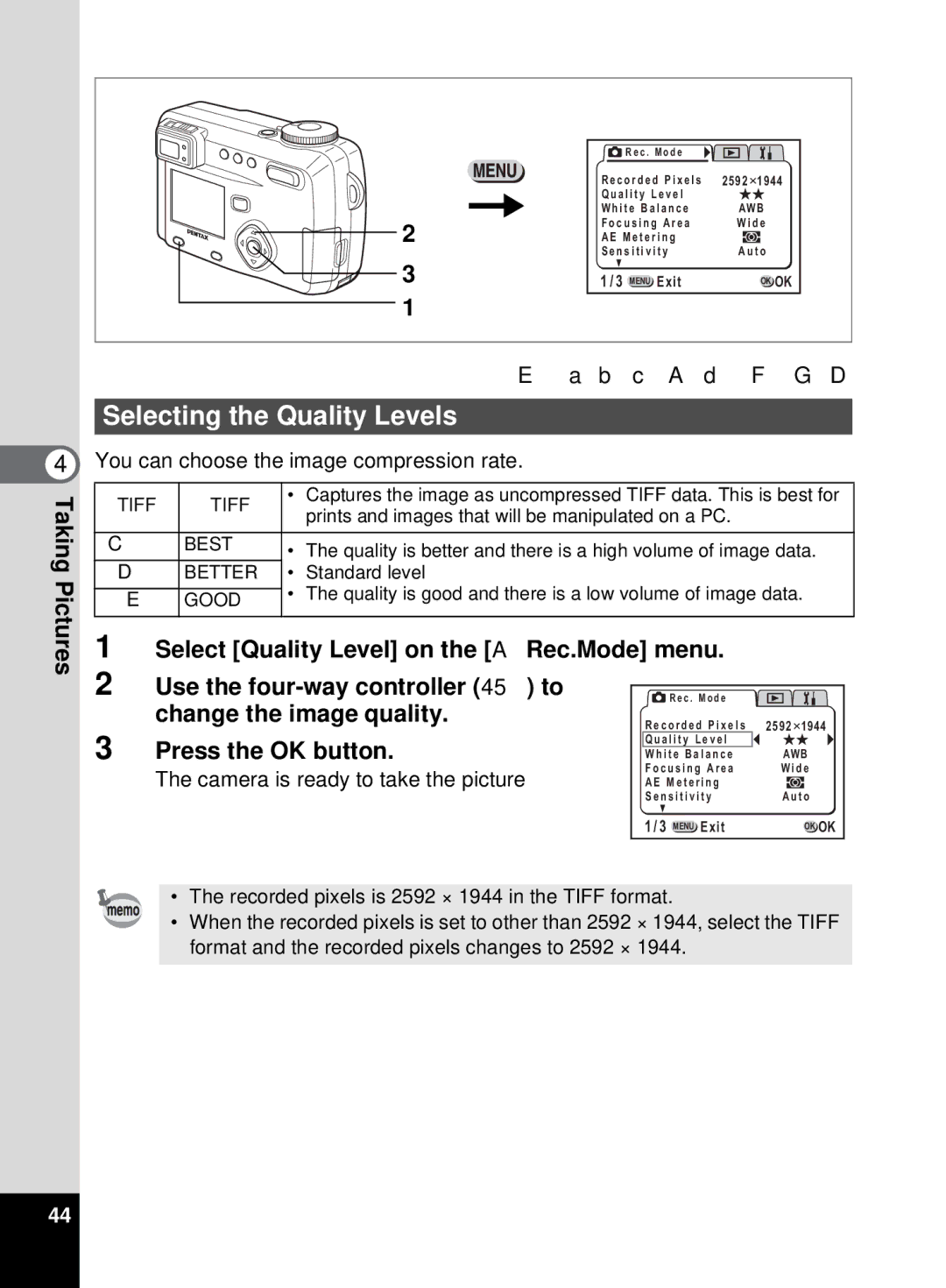 Pentax 555 manual Selecting the Quality Levels, Change the image quality, You can choose the image compression rate 