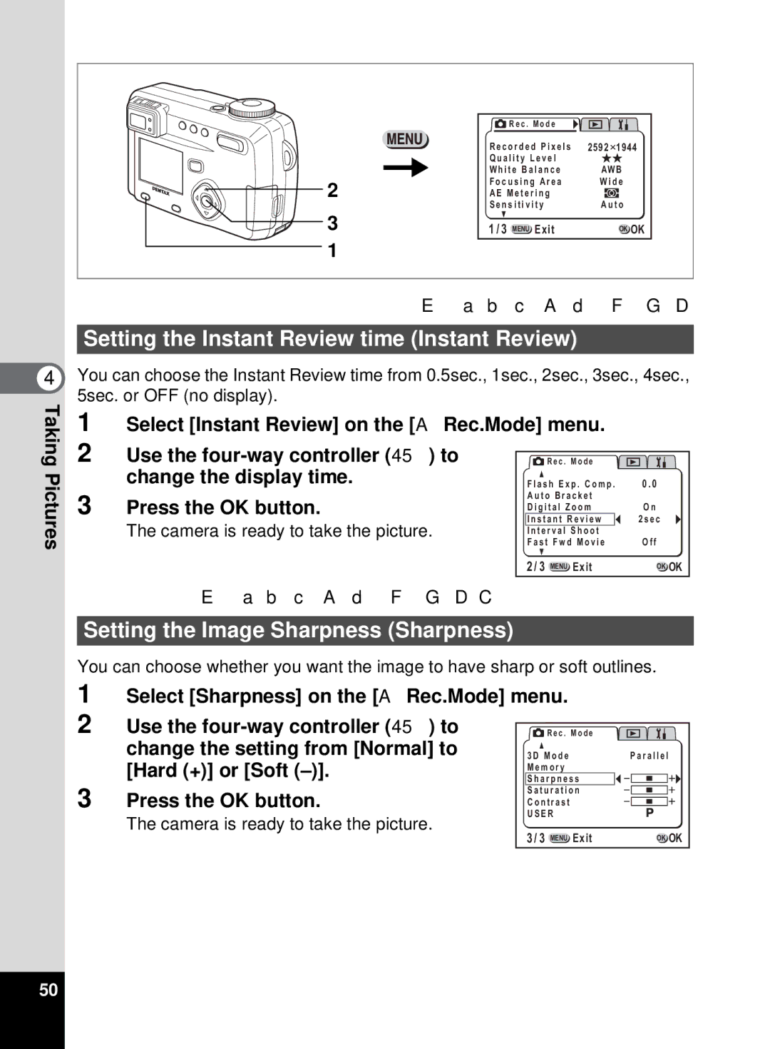 Pentax 555 manual Setting the Instant Review time Instant Review, Setting the Image Sharpness Sharpness, B c a d F G D C 