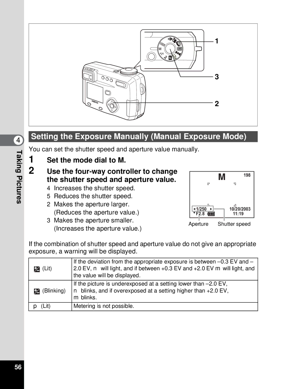 Pentax 555 Setting the Exposure Manually Manual Exposure Mode, You can set the shutter speed and aperture value manually 