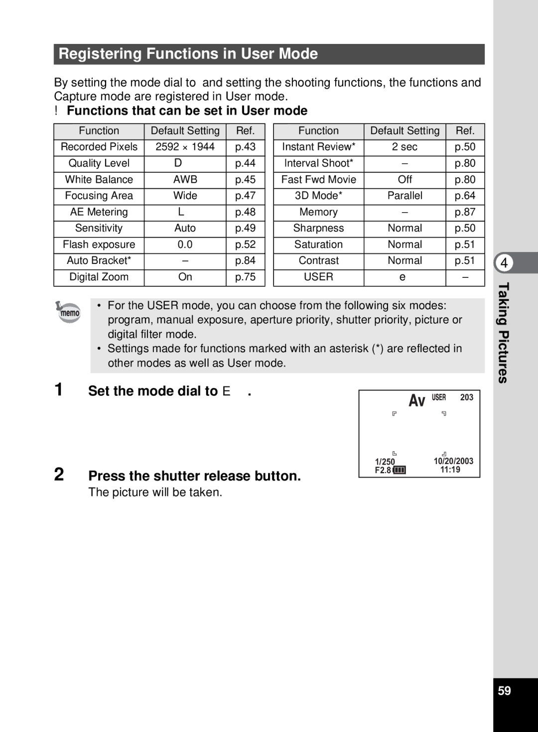 Pentax 555 manual Registering Functions in User Mode, Set the mode dial to E Press the shutter release button 