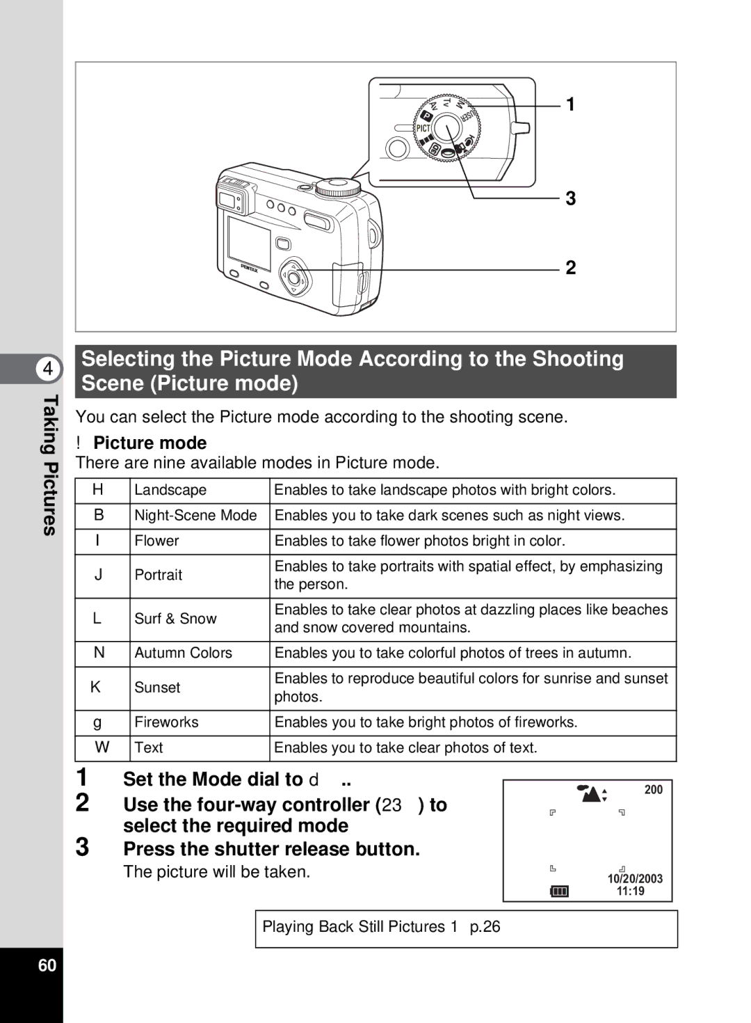 Pentax 555 manual Set the Mode dial to d, There are nine available modes in Picture mode 