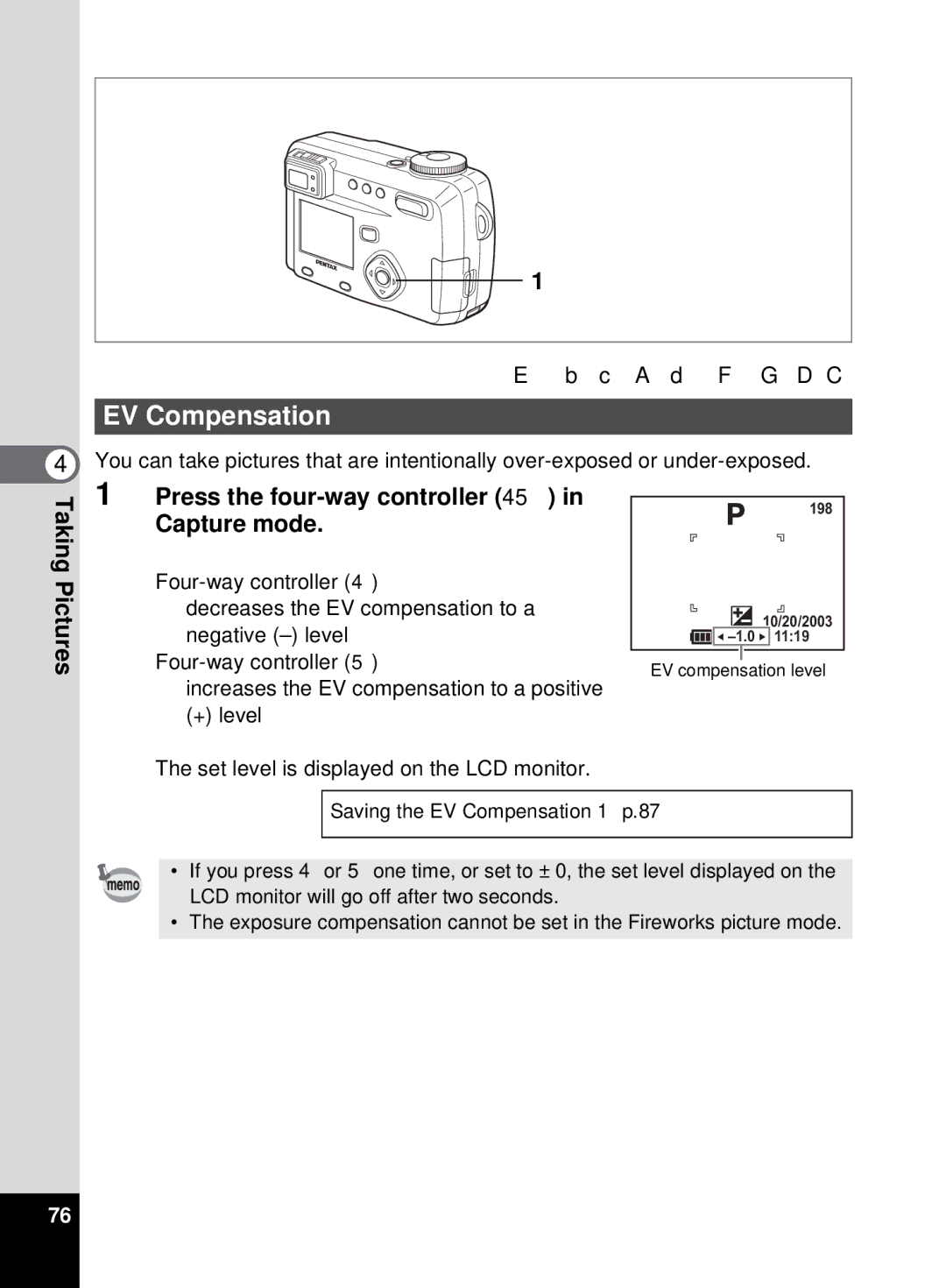 Pentax 555 manual EV Compensation, Press the four-way controller 45, Capture mode, C a d F G D C 