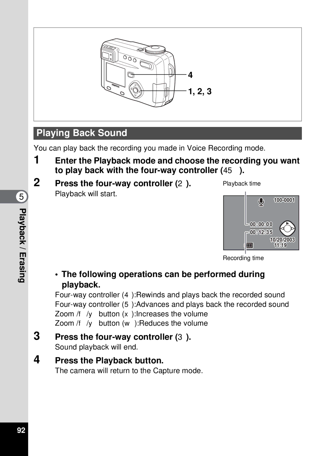 Pentax 555 manual Playing Back Sound, Following operations can be performed during playback, Sound playback will end 