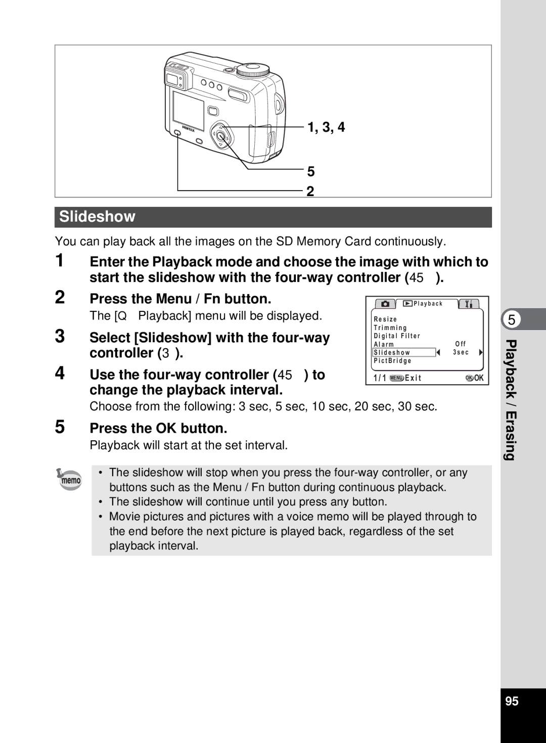 Pentax 555 manual Select Slideshow with the four-way, Controller, Change the playback interval 