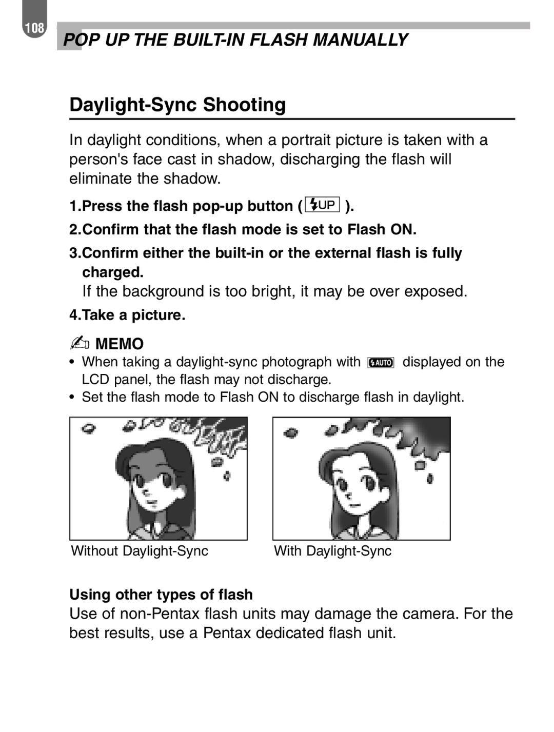 Pentax 57233 manual Daylight-Sync Shooting 