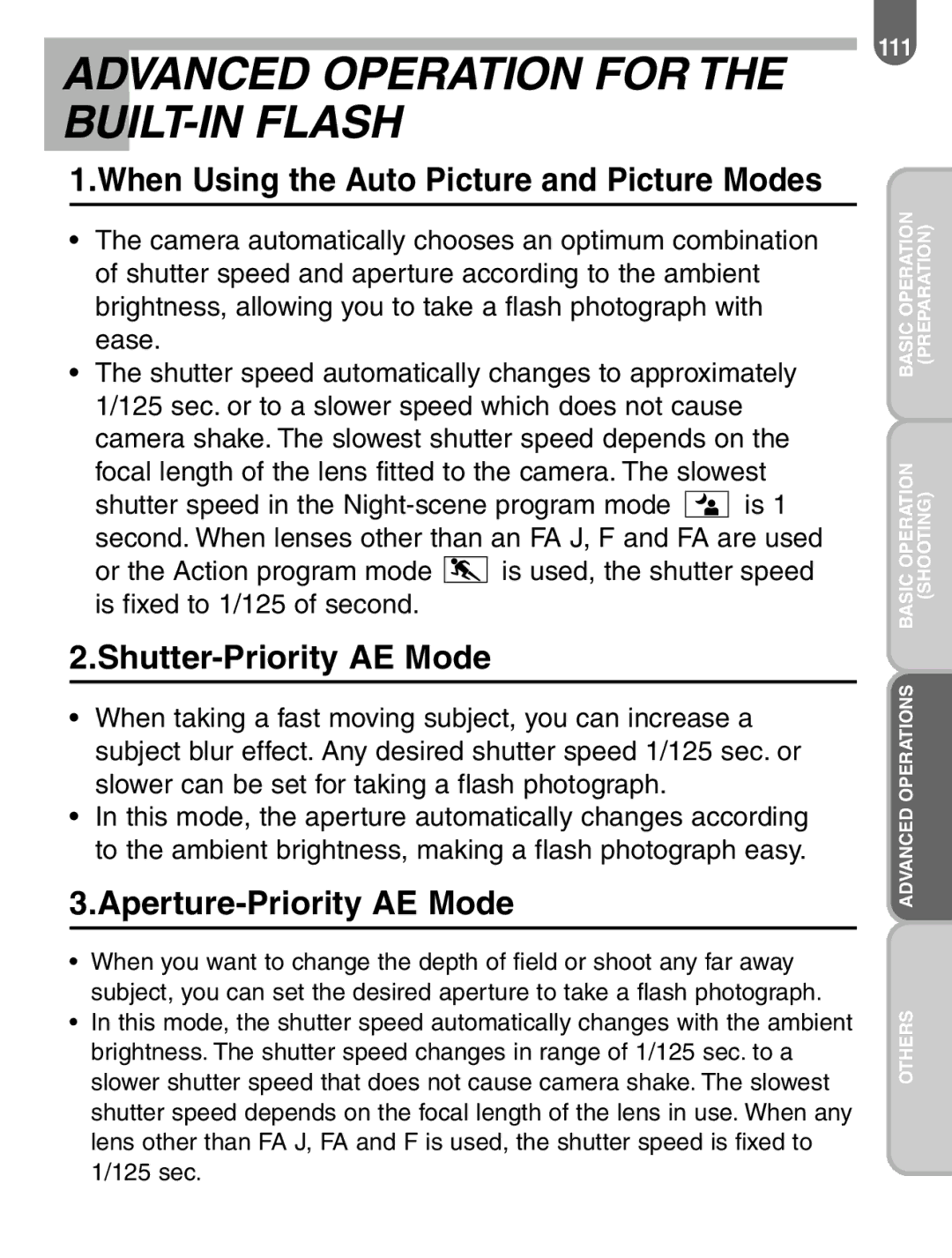 Pentax 57233 manual Advanced Operation for the BUILT-IN Flash, When Using the Auto Picture and Picture Modes 