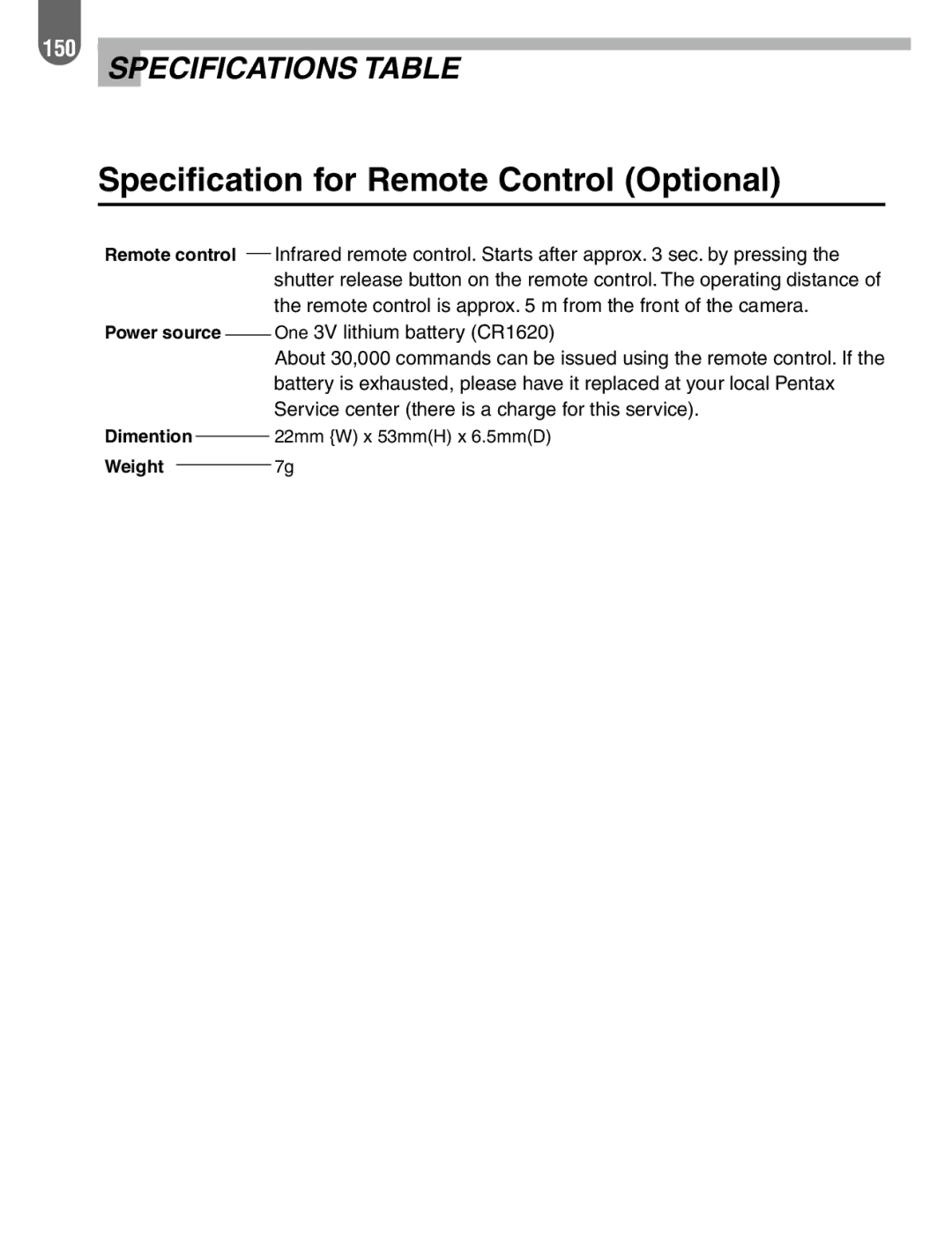 Pentax 57233 manual Specification for Remote Control Optional, Remote control 