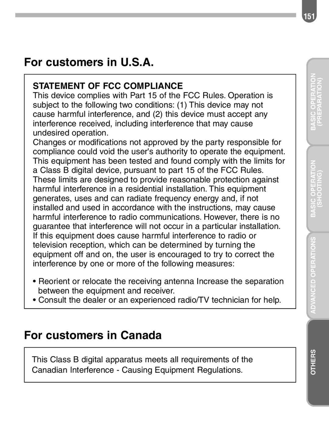 Pentax 57233 manual For customers in U.S.A, For customers in Canada 