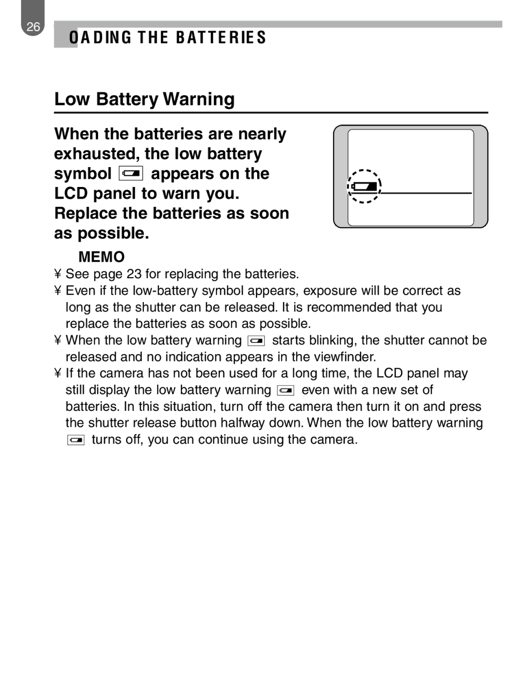 Pentax 57233 manual Low Battery Warning 