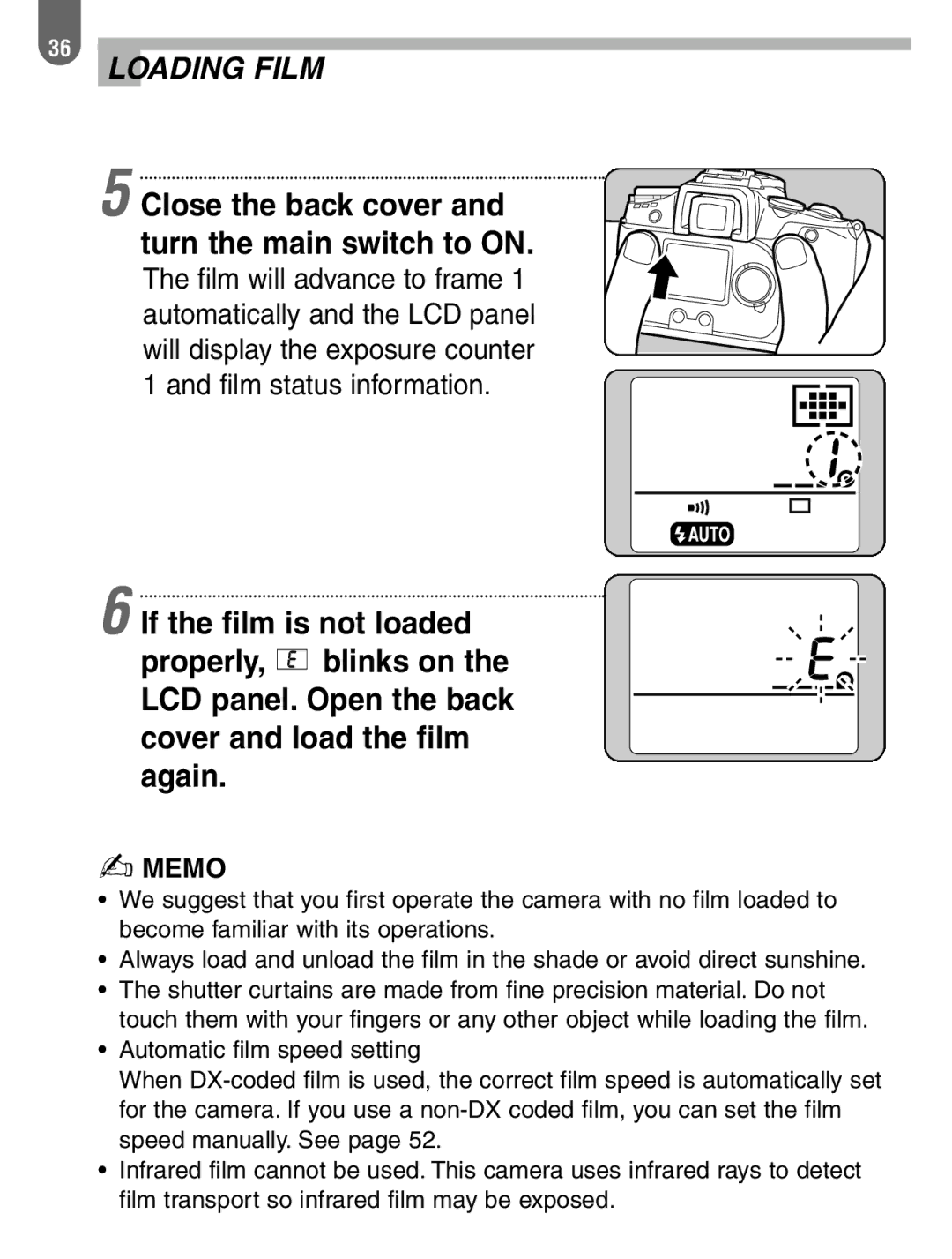 Pentax 57233 manual Loading Film, Close the back cover and turn the main switch to on 