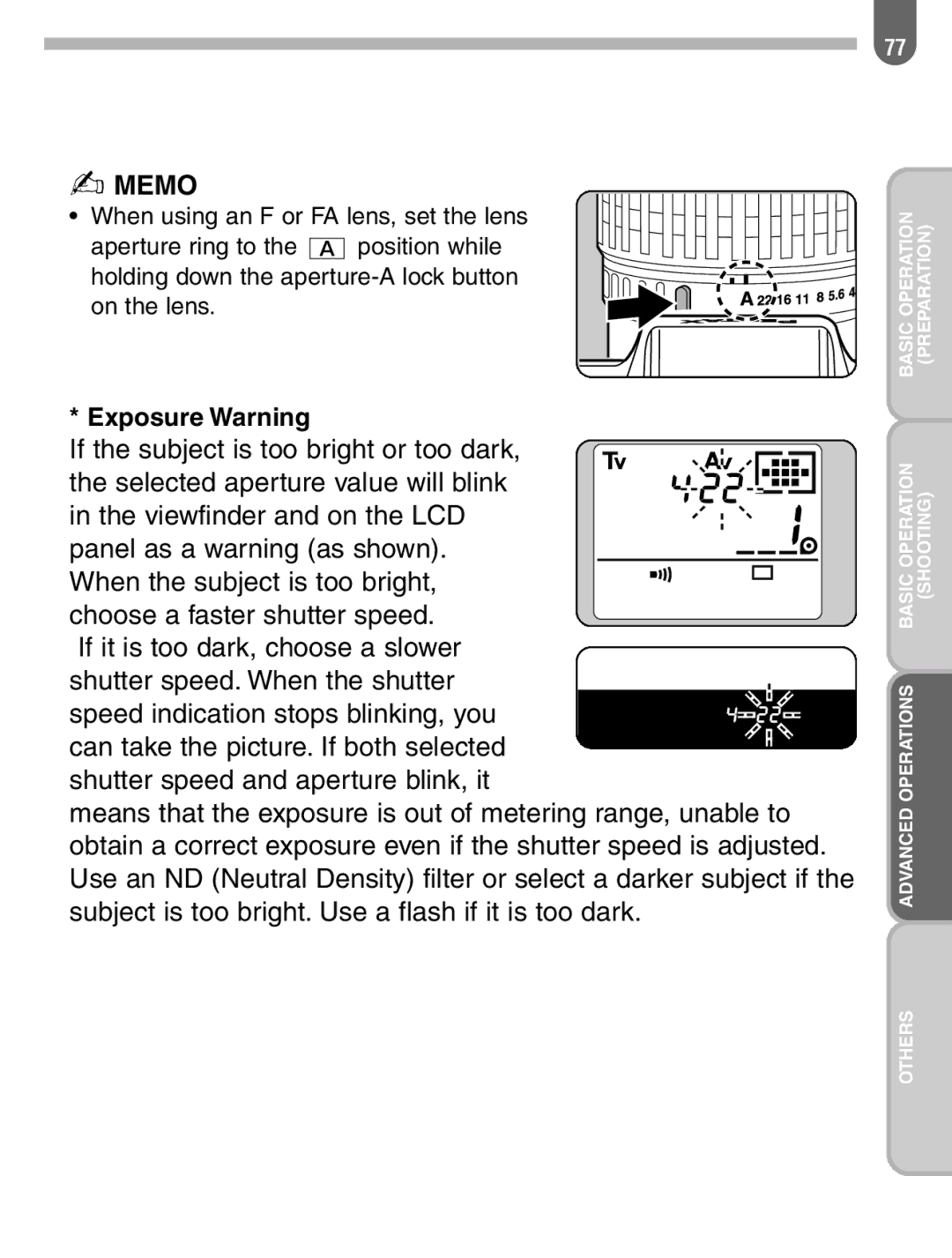 Pentax 57233 manual Exposure Warning 