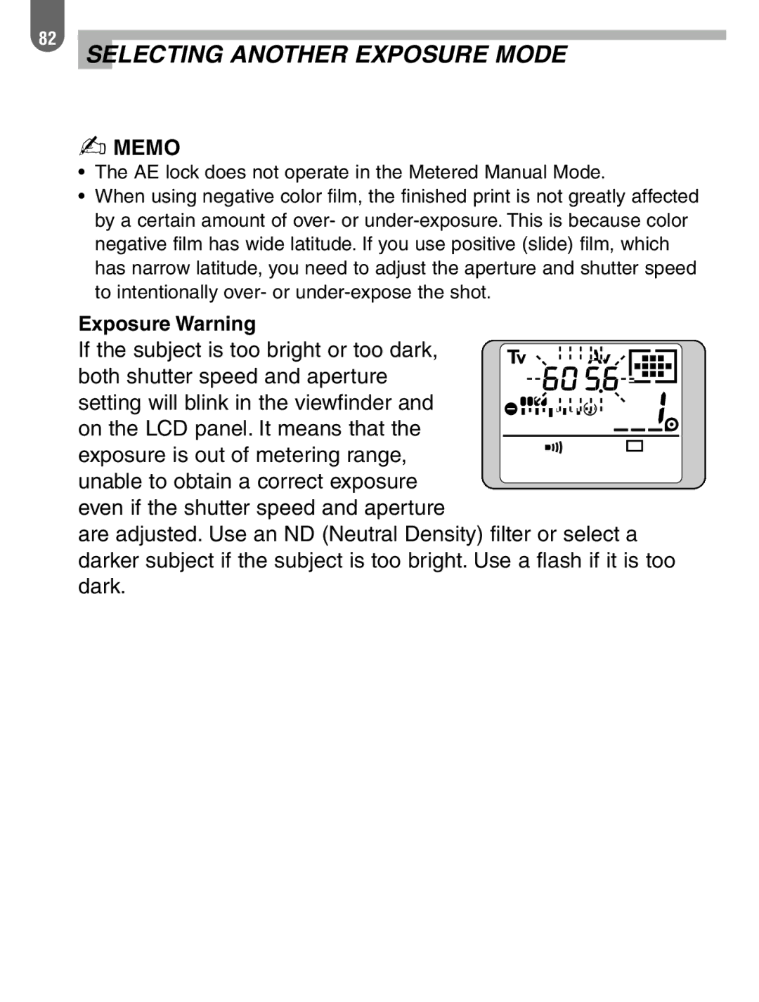 Pentax 57233 manual Exposure Warning 