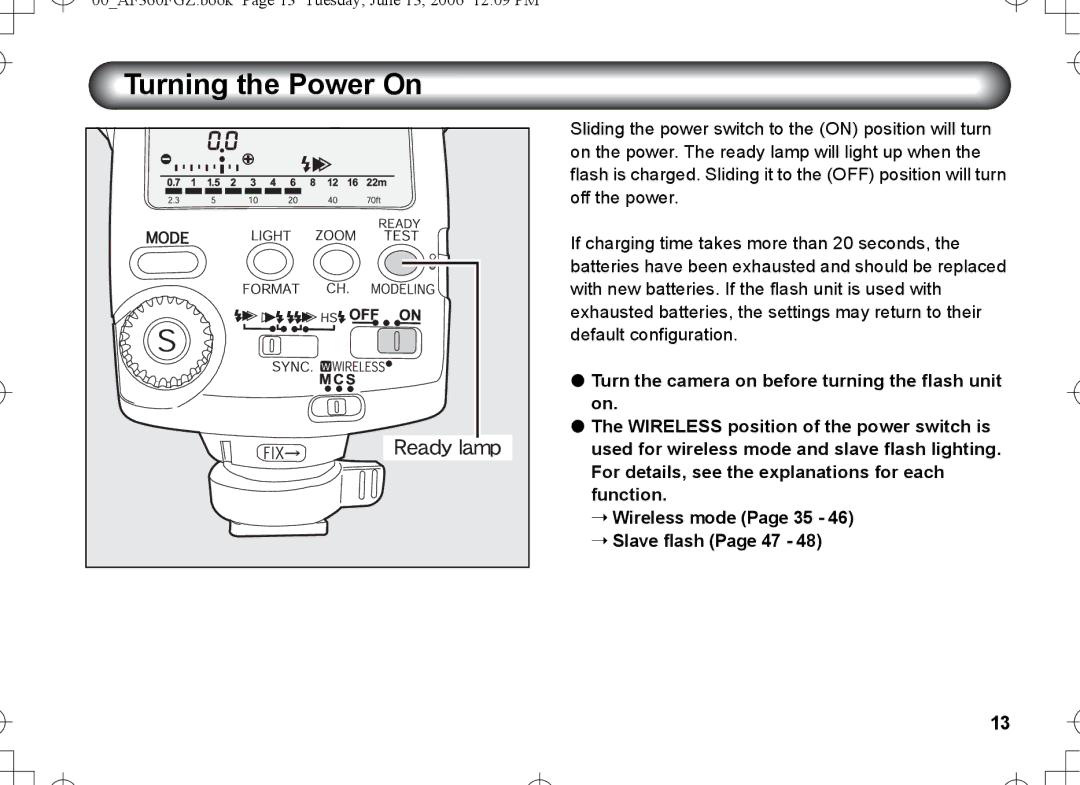 Pentax AF-360FGZ manual Turning the Power On 