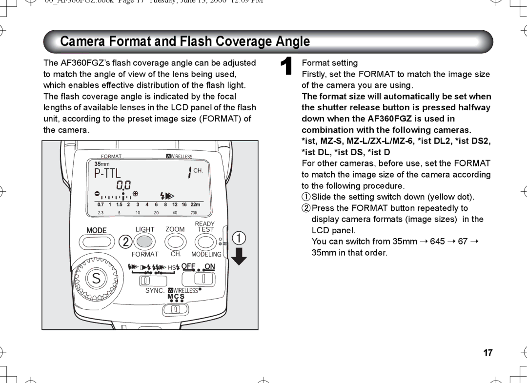 Pentax AF-360FGZ manual Camera Format and Flash Coverage Angle 