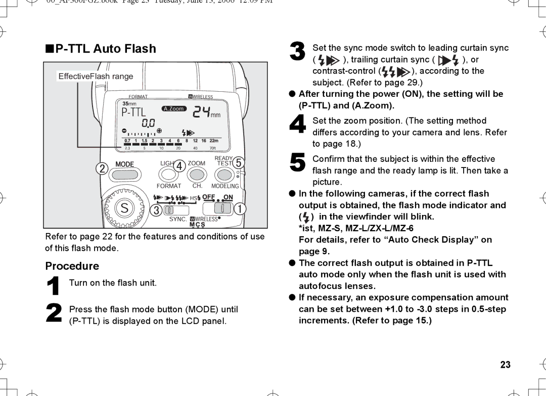 Pentax AF-360FGZ manual TTL Auto Flash, Turn on the flash unit 