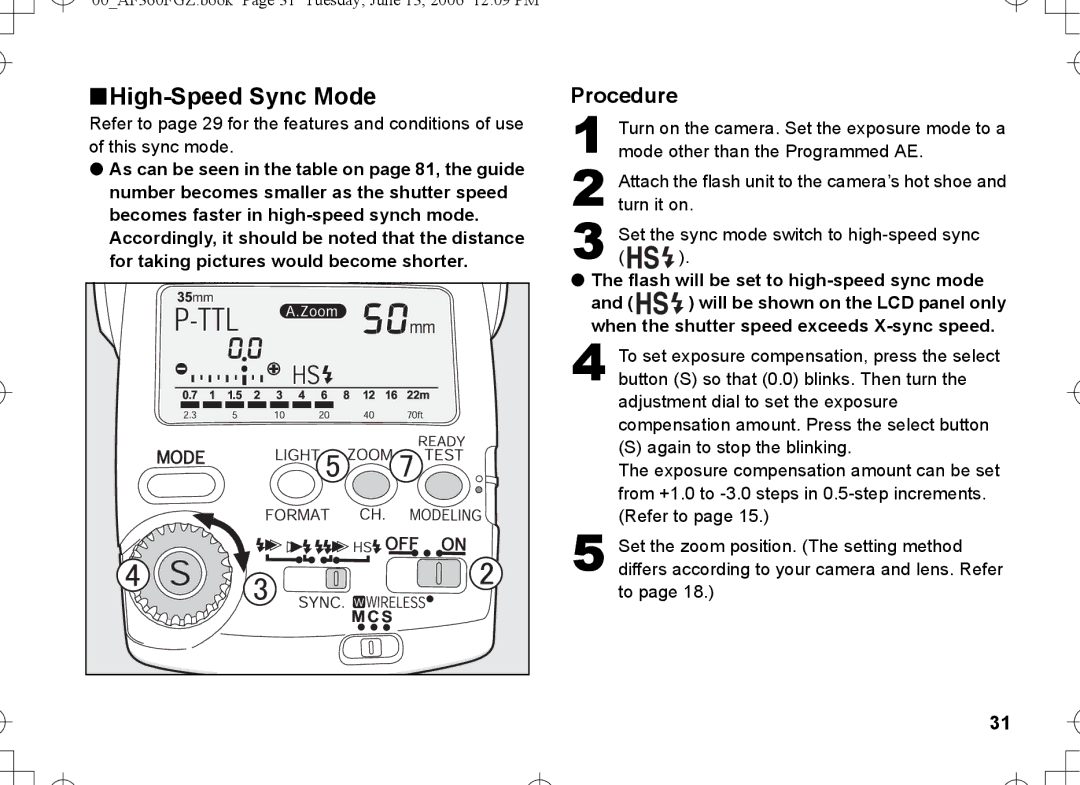 Pentax AF-360FGZ High-Speed Sync Mode, Flash will be set to high-speed sync mode, Will be shown on the LCD panel only 