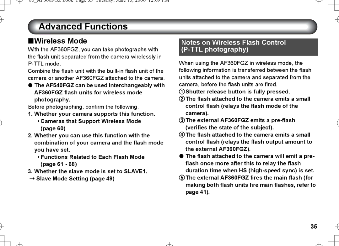 Pentax AF-360FGZ manual Advanced Functions, Wireless Mode 