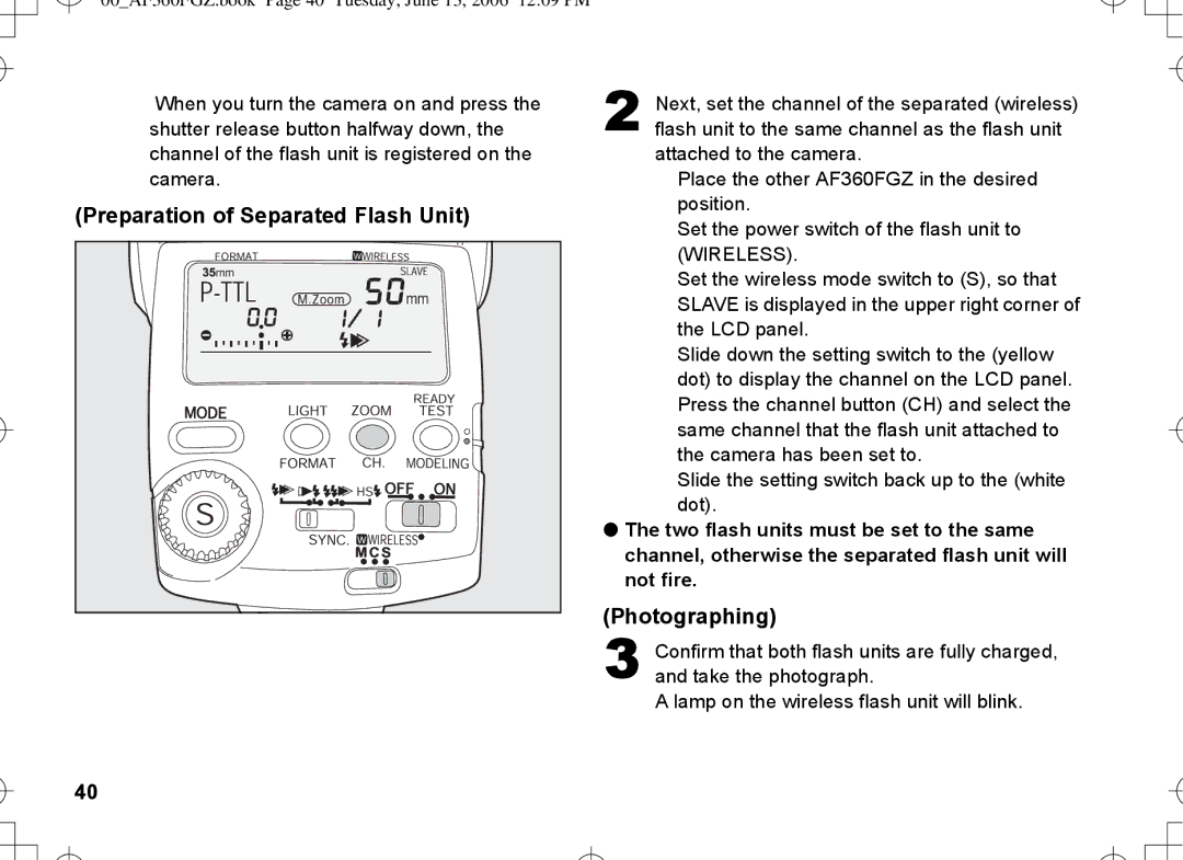 Pentax AF-360FGZ manual Preparation of Separated Flash Unit, Photographing 