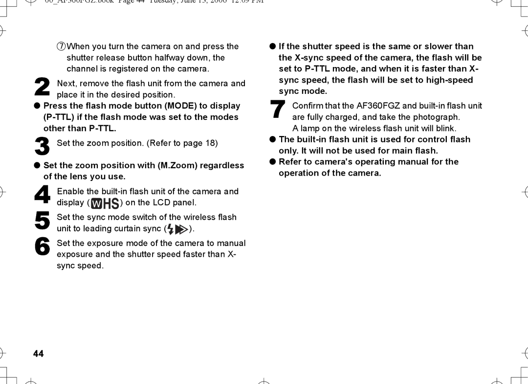 Pentax AF-360FGZ manual 00AF360FGZ.book Page 44 Tuesday, June 13, 2006 1209 PM 