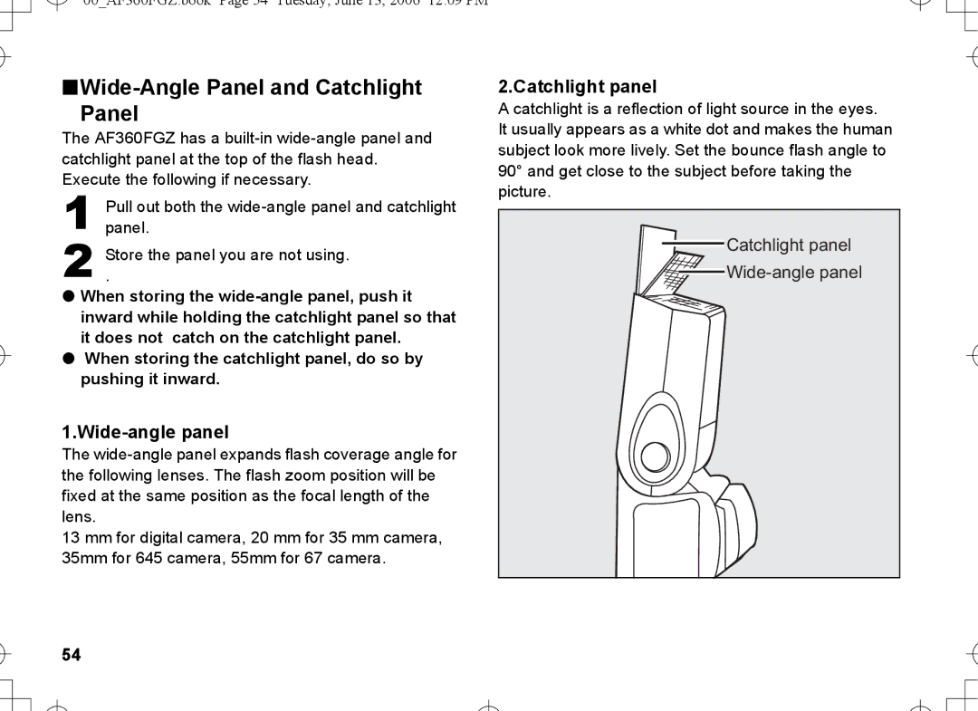 Pentax AF-360FGZ manual Wide-Angle Panel and Catchlight, Wide-angle panel, Catchlight panel 