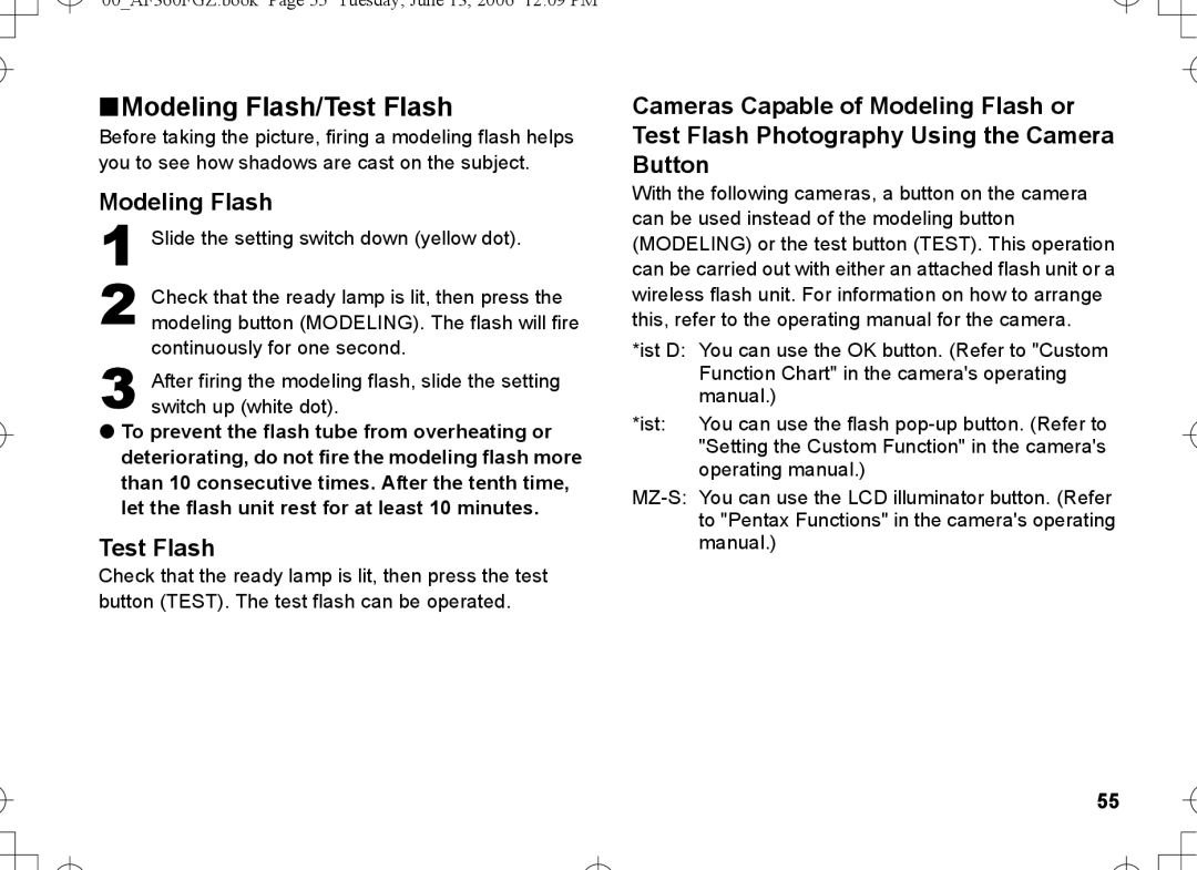 Pentax AF-360FGZ manual Modeling Flash/Test Flash 