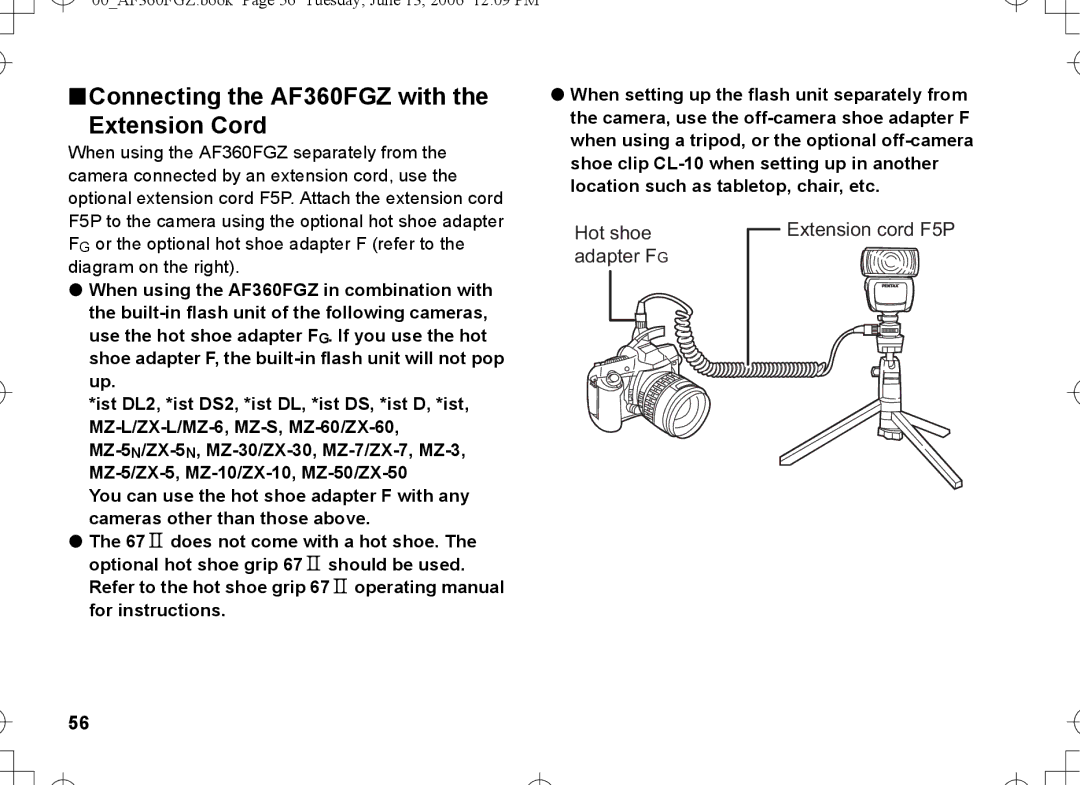 Pentax AF-360FGZ manual Connecting the AF360FGZ with Extension Cord 