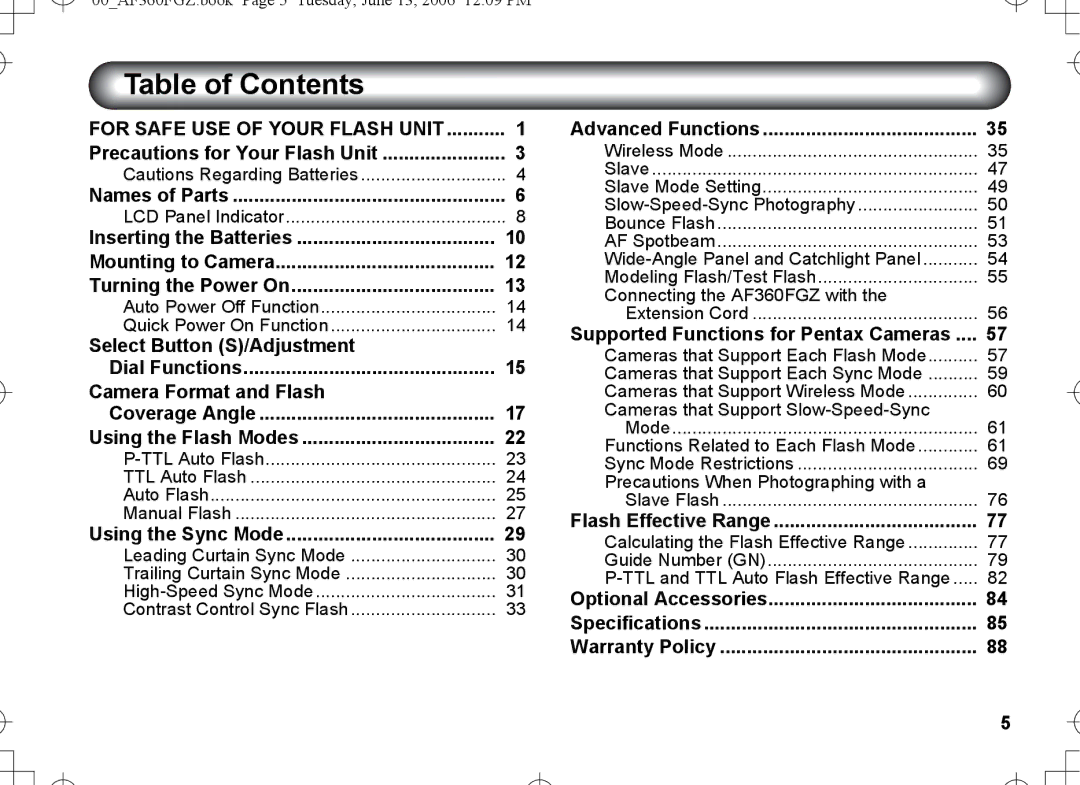 Pentax AF-360FGZ manual Table of Contents 