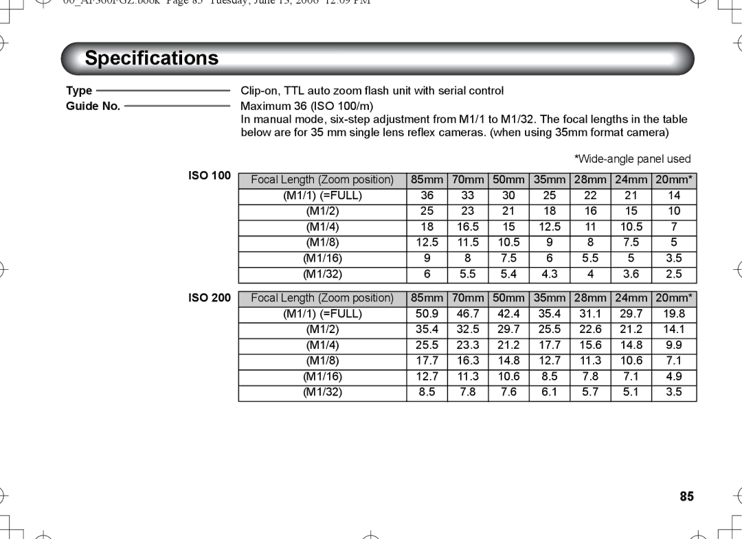 Pentax AF-360FGZ manual Specifications, Type Guide No ISO 