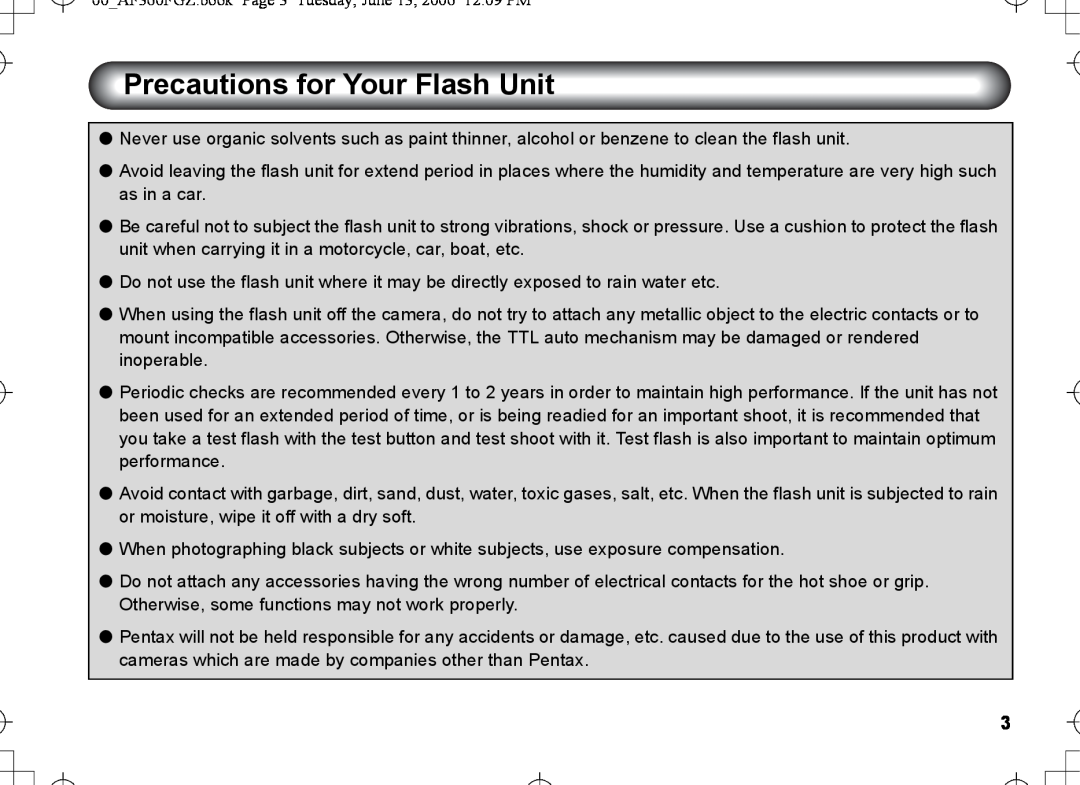 Pentax AF-360FGZ manual Precautions for Your Flash Unit 