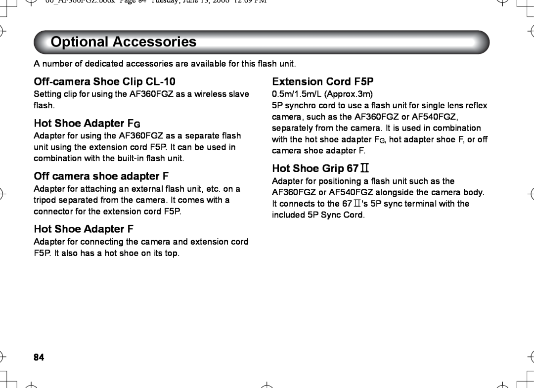 Pentax AF-360FGZ manual Optional Accessories, Off-cameraShoe Clip CL-10, Hot Shoe Adapter FG, Off camera shoe adapter F 