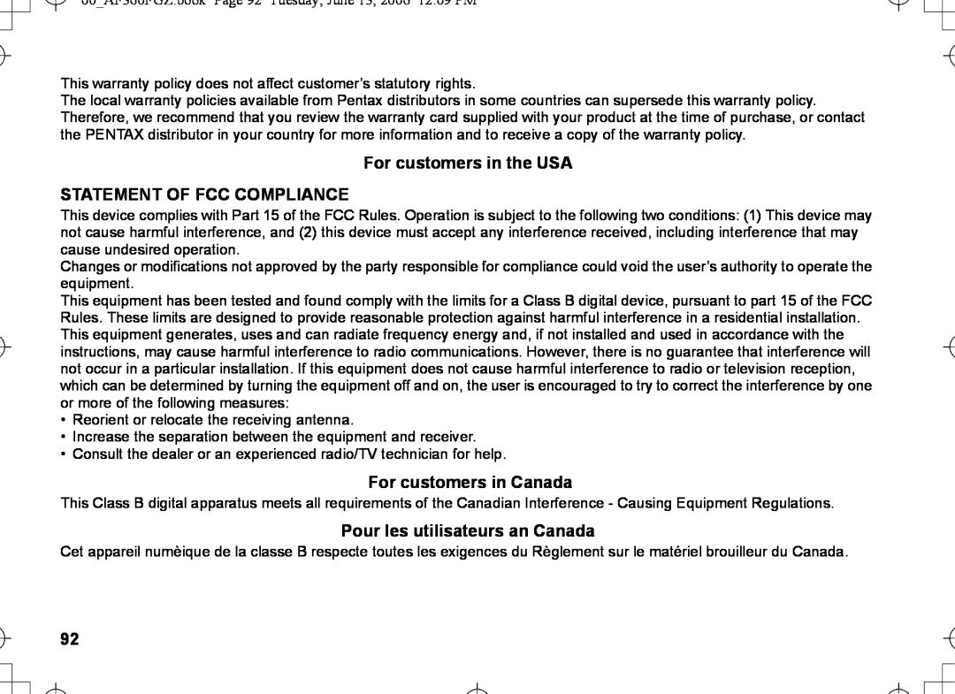 Pentax AF-360FGZ manual For customers in the USA, Statement Of Fcc Compliance, For customers in Canada 