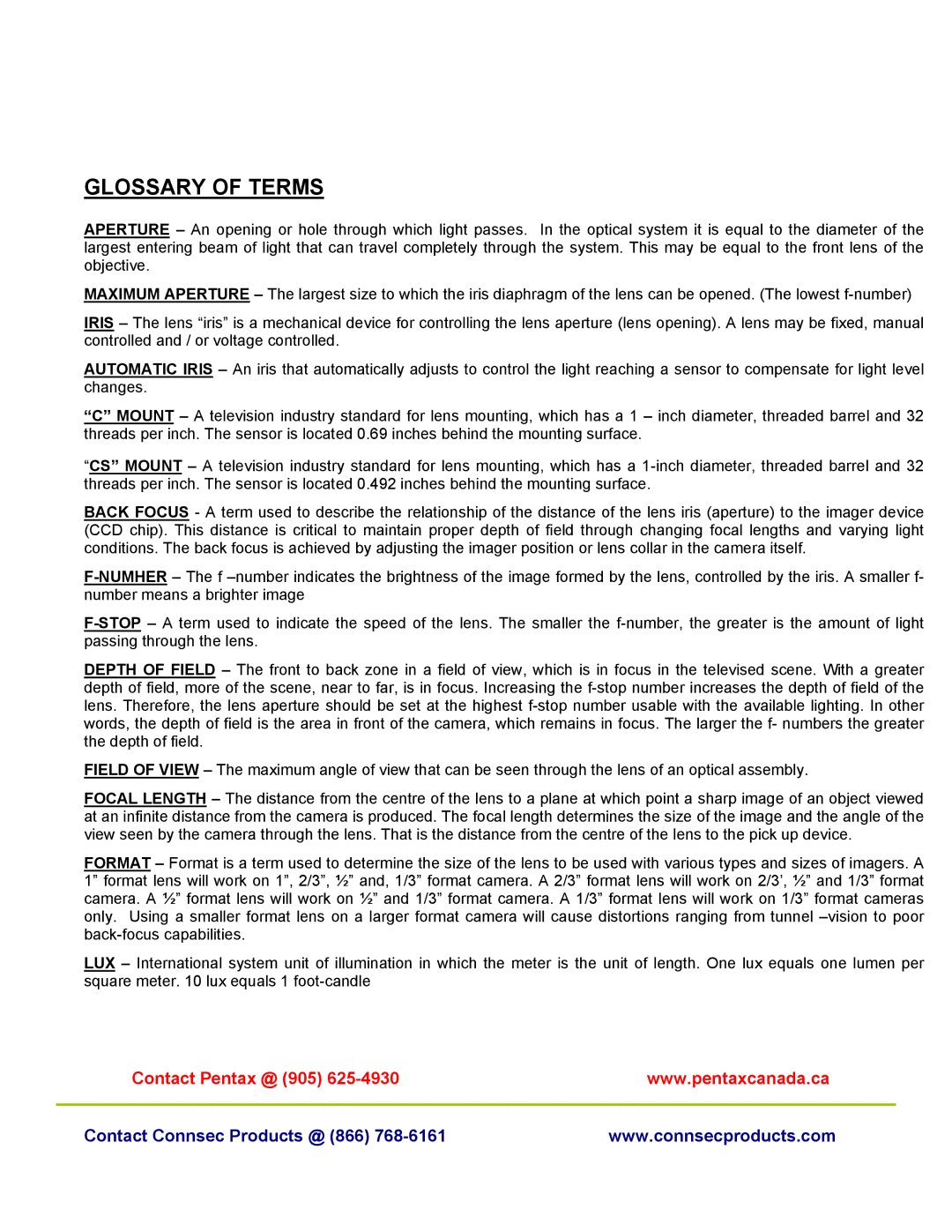 Pentax C70210HK manual Glossary of Terms 