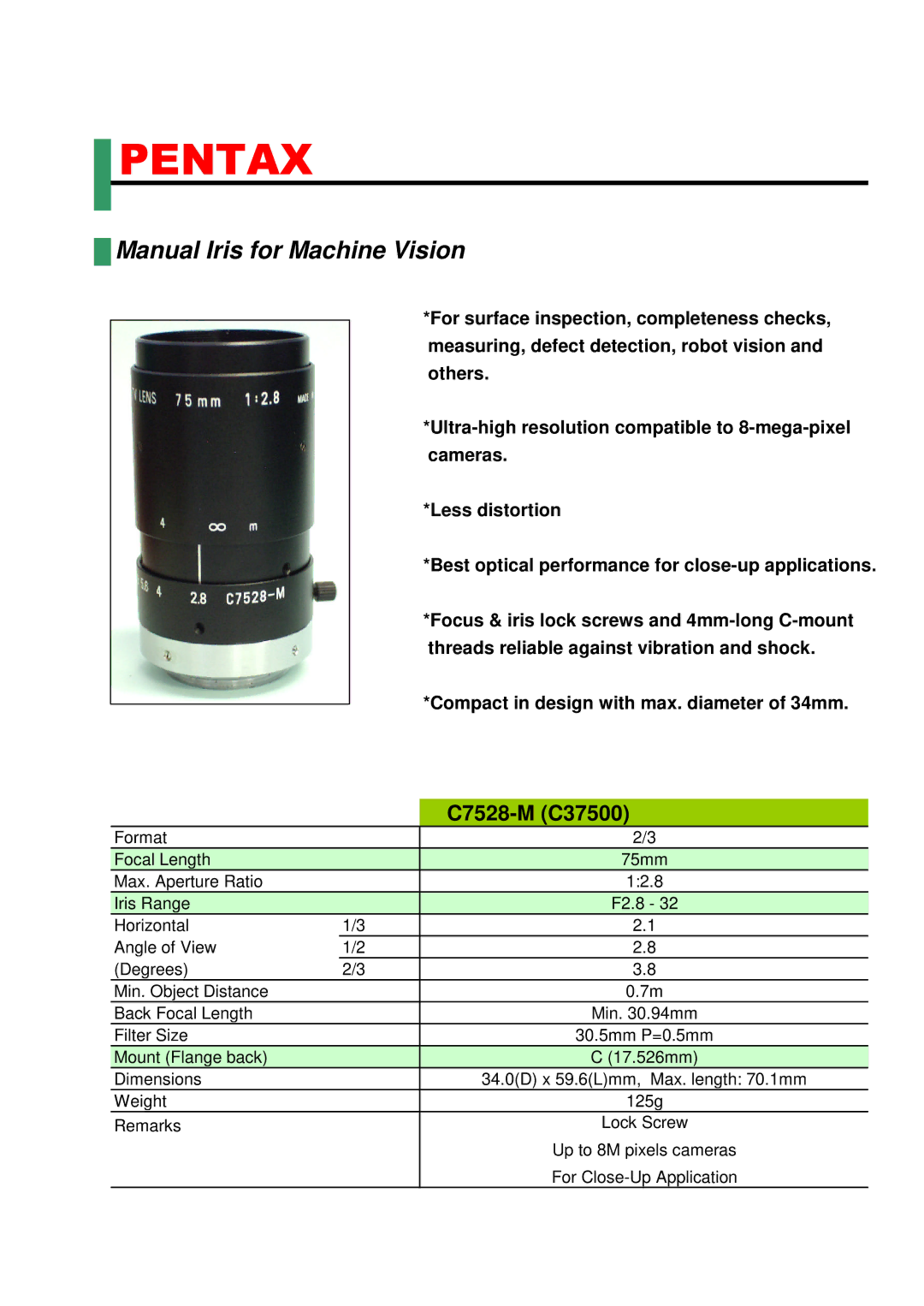 Pentax dimensions Pentax, Manual Iris for Machine Vision, C7528-M C37500 