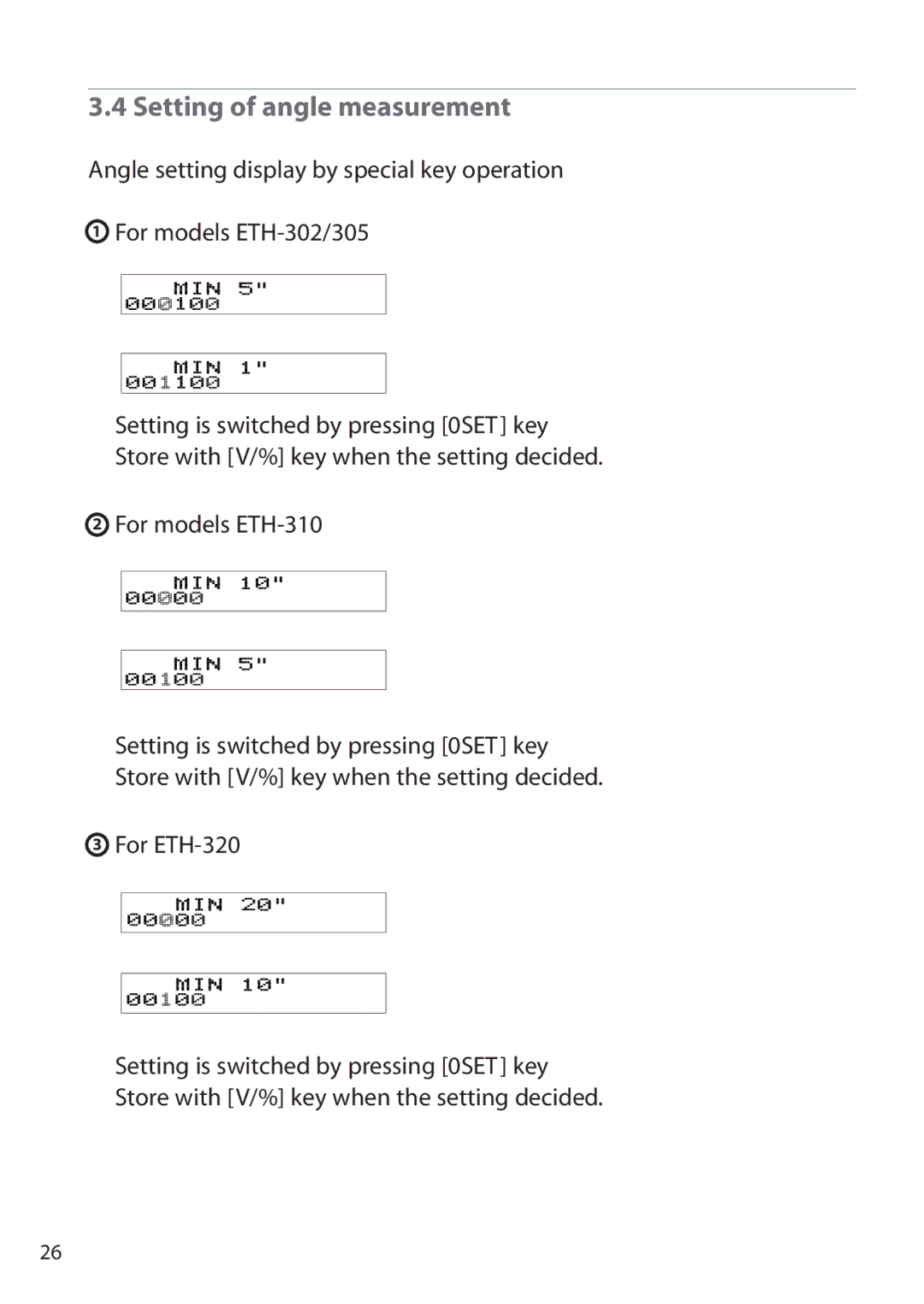 Pentax ETH-305, ETH-302, ETH-310 instruction manual Setting of angle measurement 