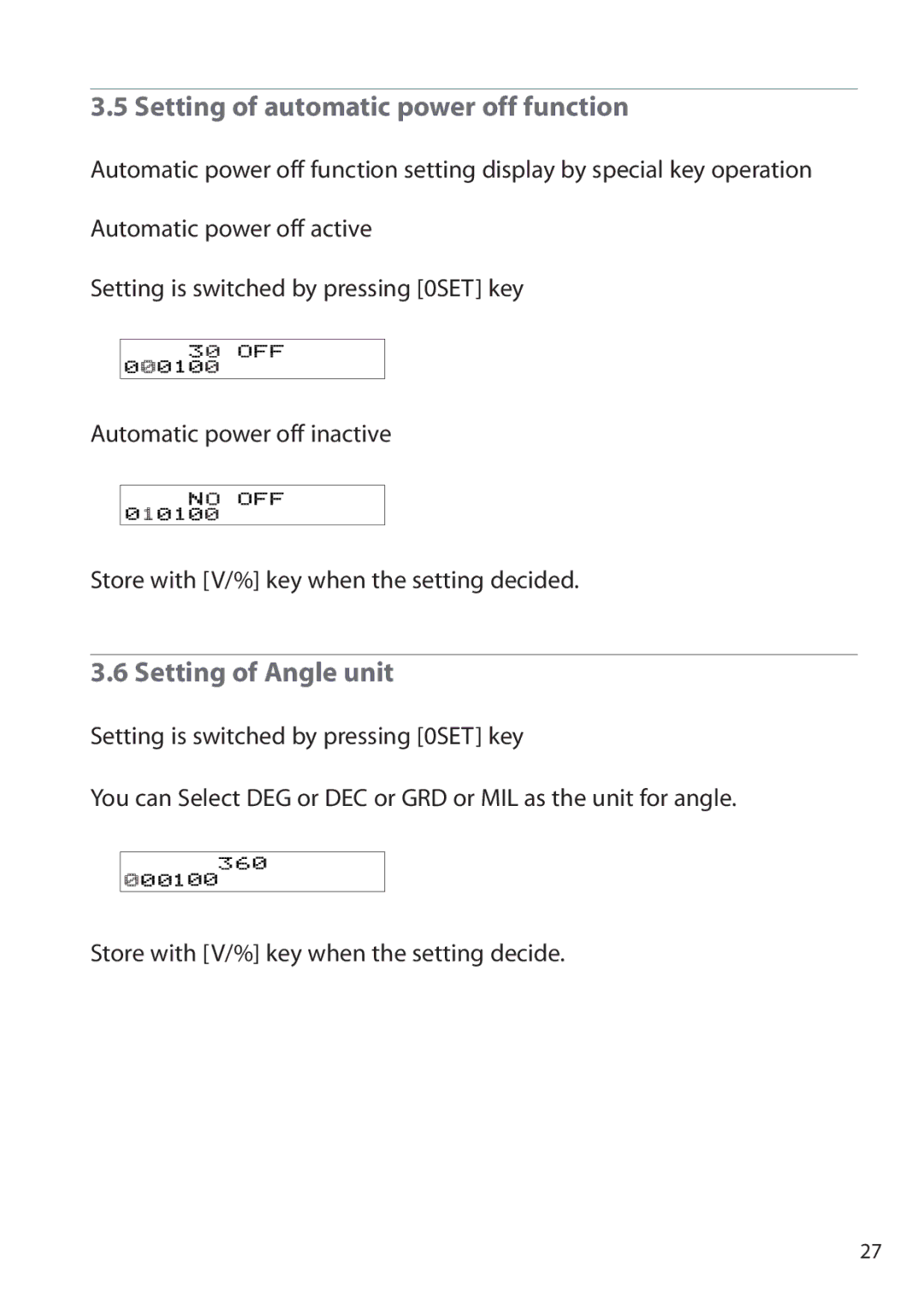 Pentax ETH-302, ETH-310, ETH-305 instruction manual Setting of automatic power off function, Setting of Angle unit 