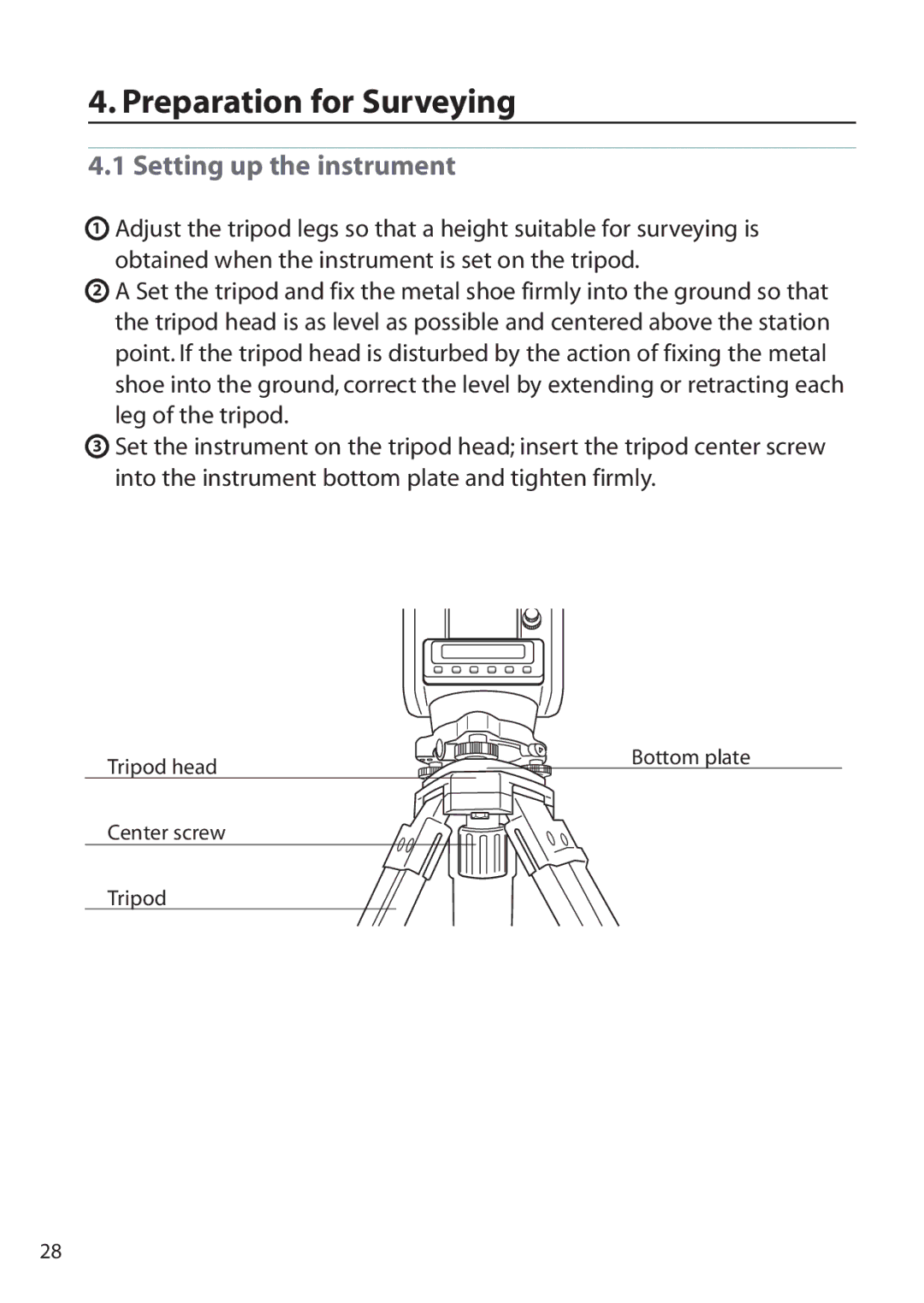 Pentax ETH-310, ETH-302, ETH-305 instruction manual Preparation for Surveying, Setting up the instrument 