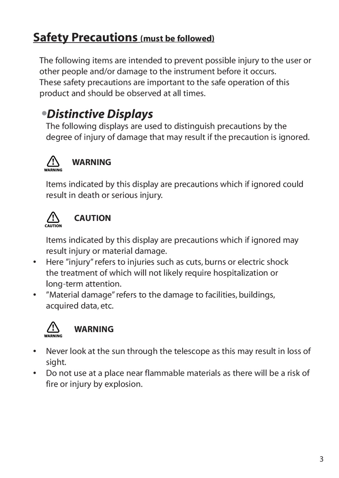 Pentax ETH-302, ETH-310, ETH-305 instruction manual Safety Precautions must be followed, Distinctive Displays 