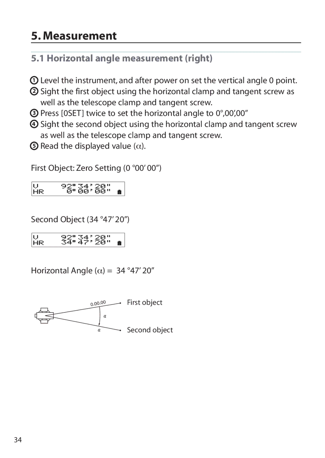 Pentax ETH-310, ETH-302, ETH-305 instruction manual Measurement, Horizontal angle measurement right 