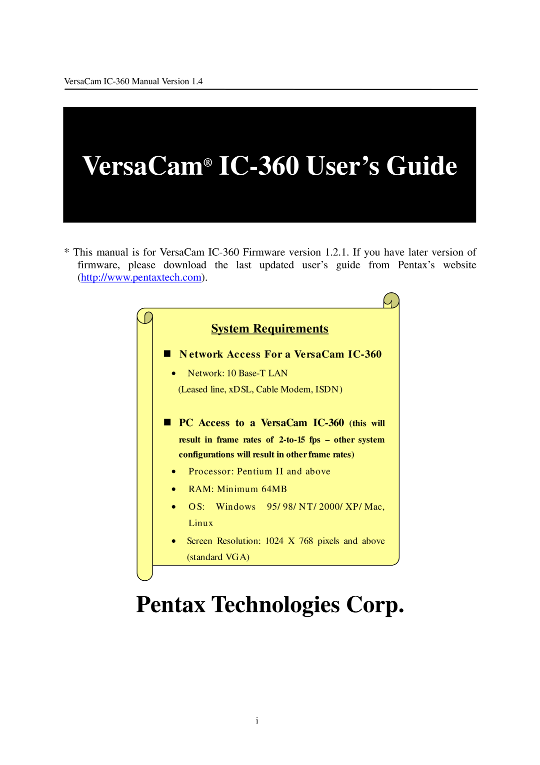 Pentax manual VersaCam IC-360 User’s Guide 