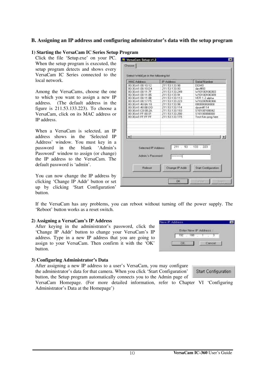 Pentax IC-360 manual Assigning a VersaCam’s IP Address, Configuring Administrator’s Data 