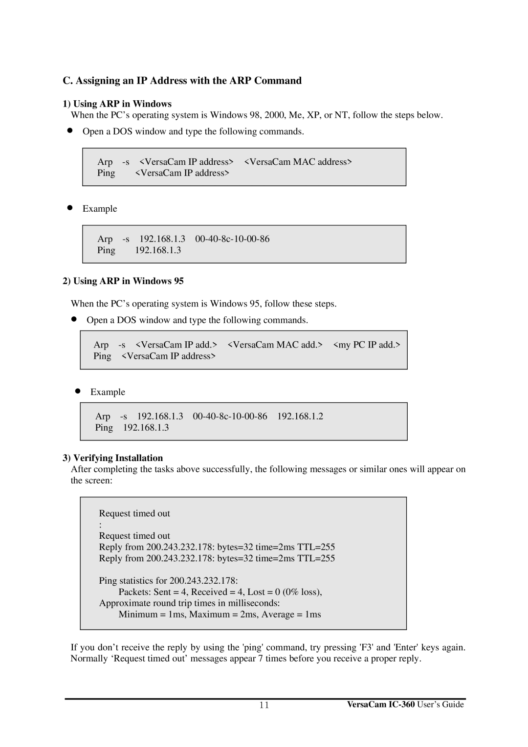 Pentax IC-360 manual Assigning an IP Address with the ARP Command, Using ARP in Windows, Verifying Installation 