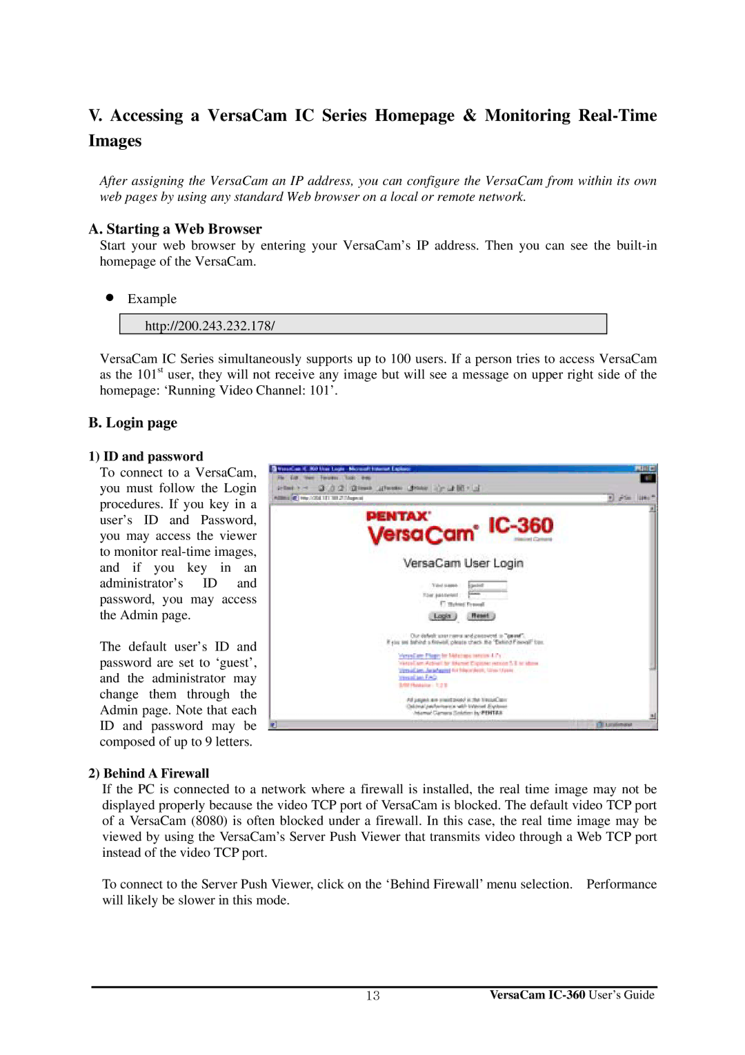 Pentax IC-360 manual Starting a Web Browser, Login, ID and password, Behind a Firewall 