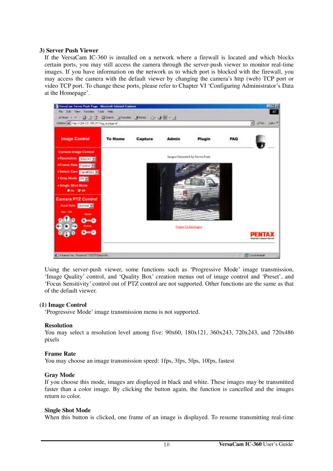 Pentax IC-360 manual Server Push Viewer, Image Control, Resolution, Frame Rate, Gray Mode, Single Shot Mode 